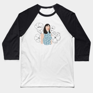 Fashion collage with abstract woman portrait and continuous flowers. Mid century Silhouette. Baseball T-Shirt